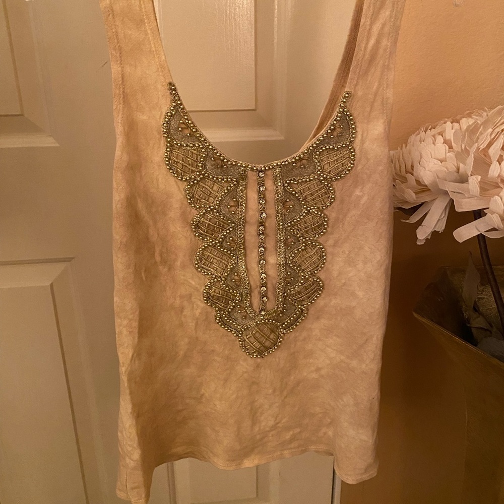 Free People Gold Beaded Tan Tank-NWT-Medium